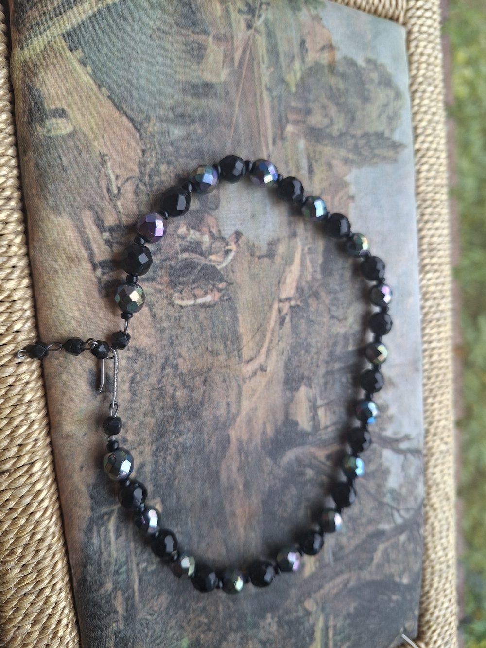 Vintage Black Faceted Bead Necklace with Iridescent Accent West Germany
